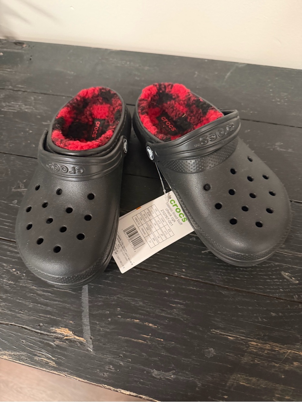 CROCS Kids Black Clog with Red Plaid Lining